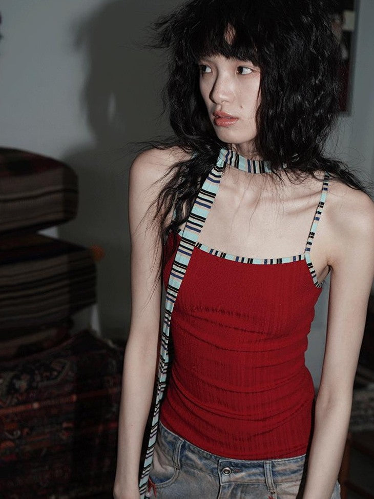 badtaste Multicolor Textured Knit Slim Fit Neck Cord Two Piece Women's Halter Tops