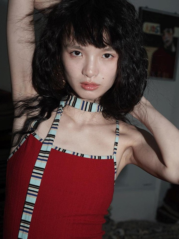 badtaste Multicolor Textured Knit Slim Fit Neck Cord Two Piece Women's Halter Tops