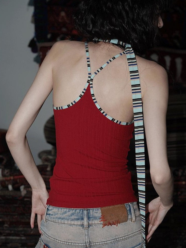 badtaste Multicolor Textured Knit Slim Fit Neck Cord Two Piece Women's Halter Tops