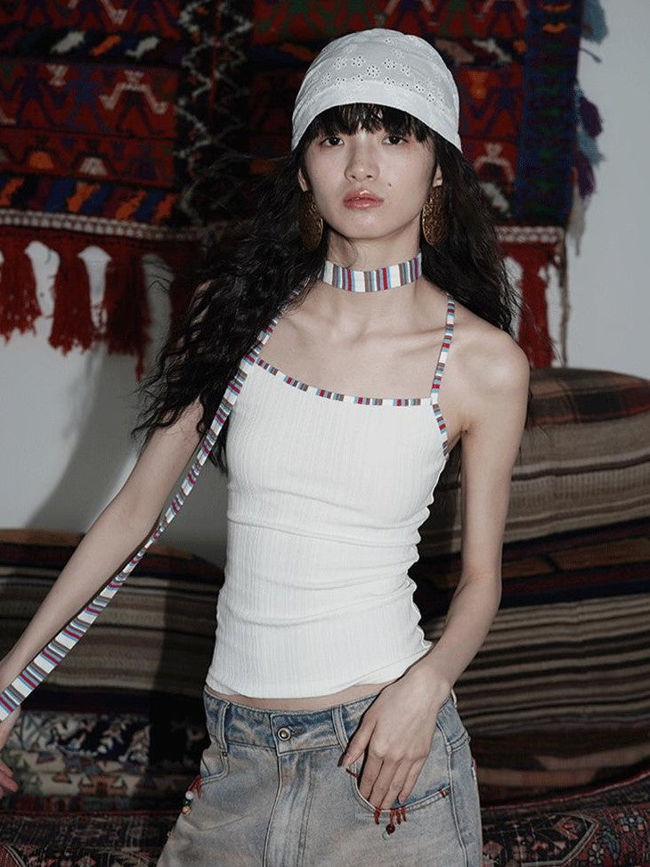 badtaste Multicolor Textured Knit Slim Fit Neck Cord Two Piece Women's Halter Tops