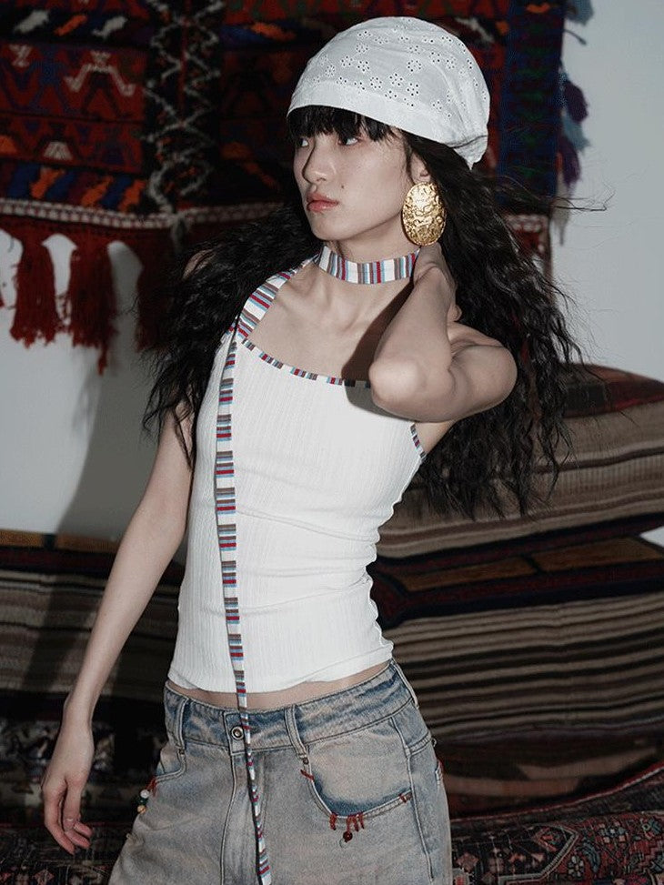 badtaste Multicolor Textured Knit Slim Fit Neck Cord Two Piece Women's Halter Tops