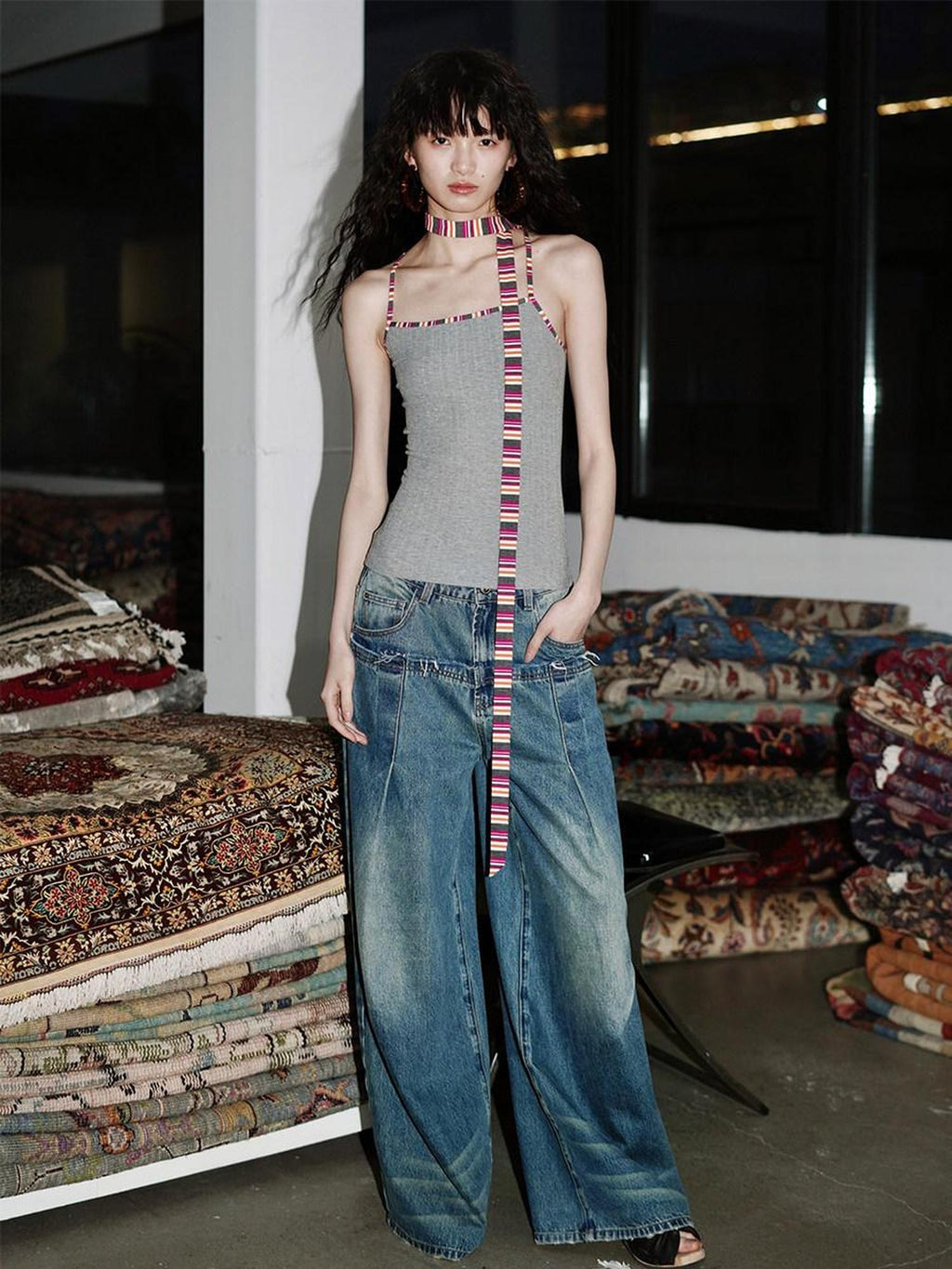 badtaste Multicolor Textured Knit Slim Fit Neck Cord Two Piece Women's Halter Tops