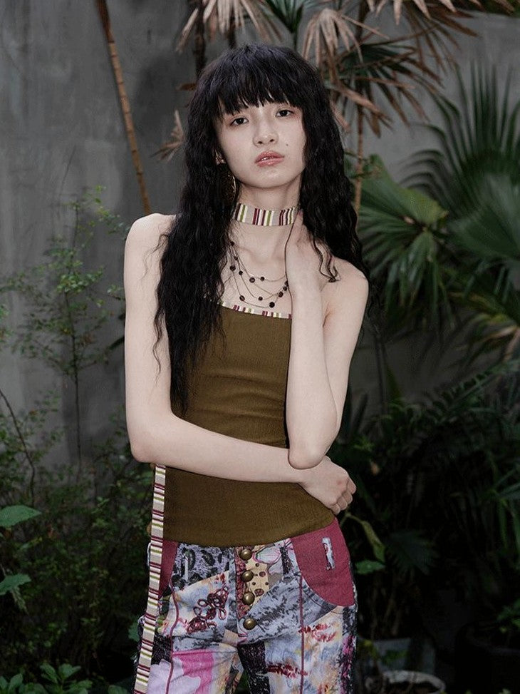 badtaste Multicolor Textured Knit Slim Fit Neck Cord Two Piece Women's Halter Tops