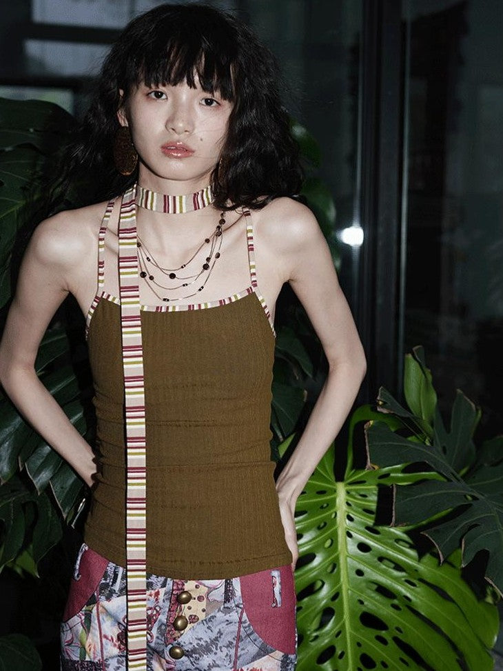 badtaste Multicolor Textured Knit Slim Fit Neck Cord Two Piece Women's Halter Tops