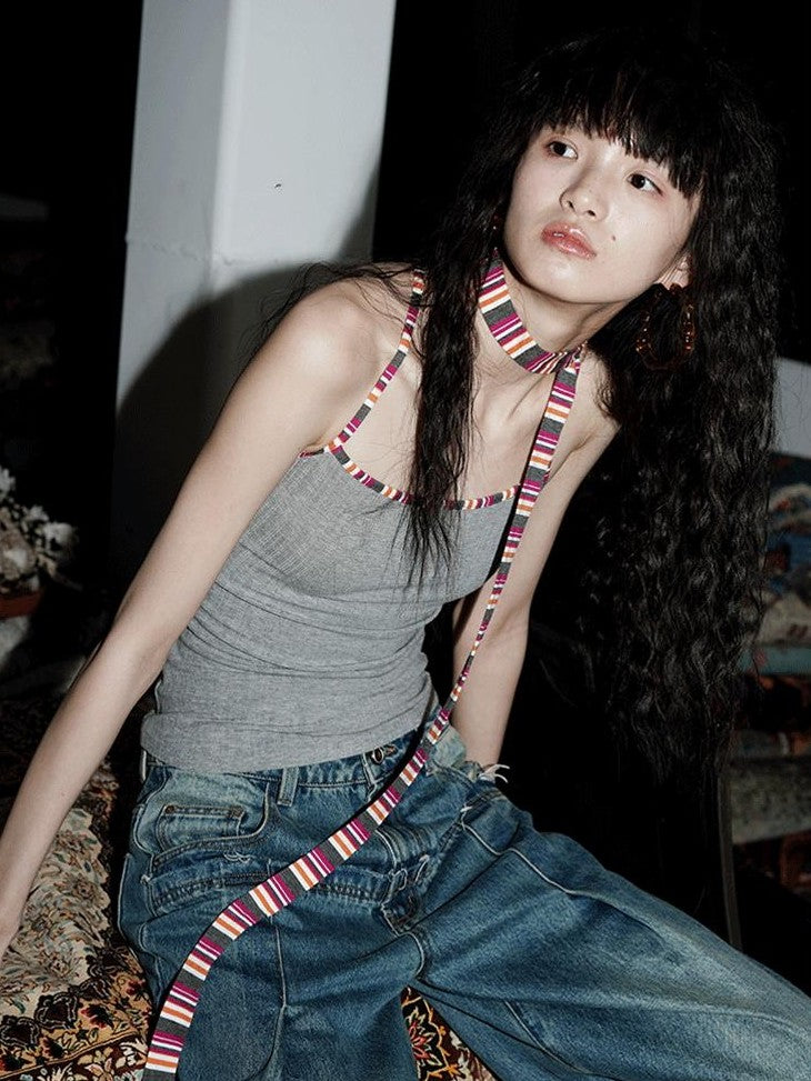 badtaste Multicolor Textured Knit Slim Fit Neck Cord Two Piece Women's Halter Tops
