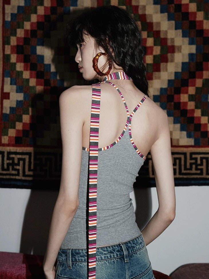 badtaste Multicolor Textured Knit Slim Fit Neck Cord Two Piece Women's Halter Tops