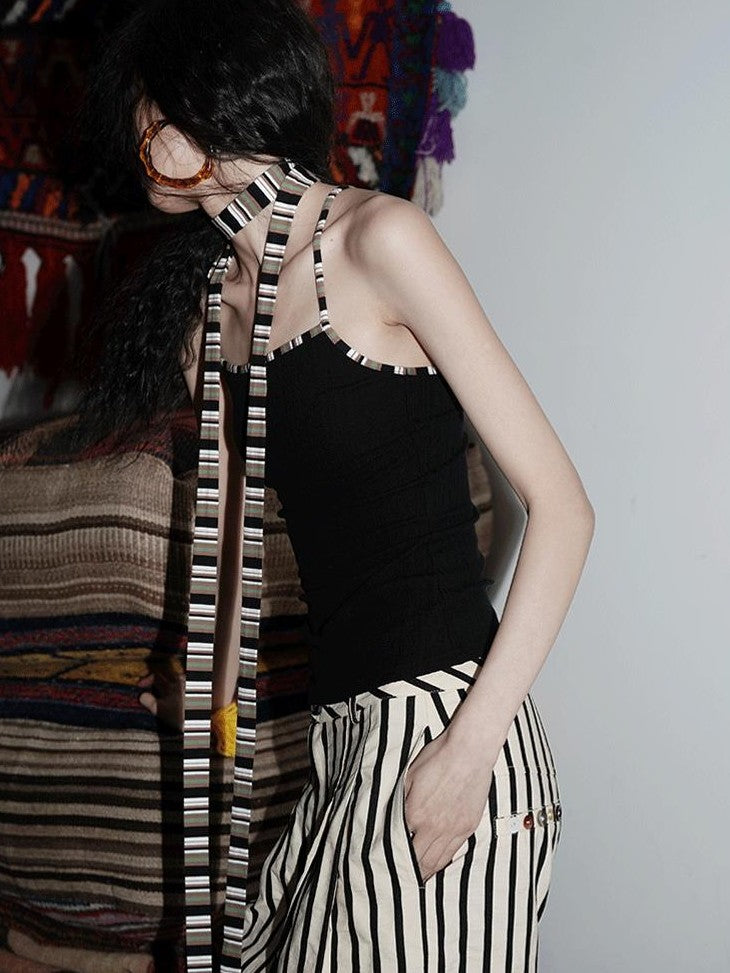 badtaste Multicolor Textured Knit Slim Fit Neck Cord Two Piece Women's Halter Tops