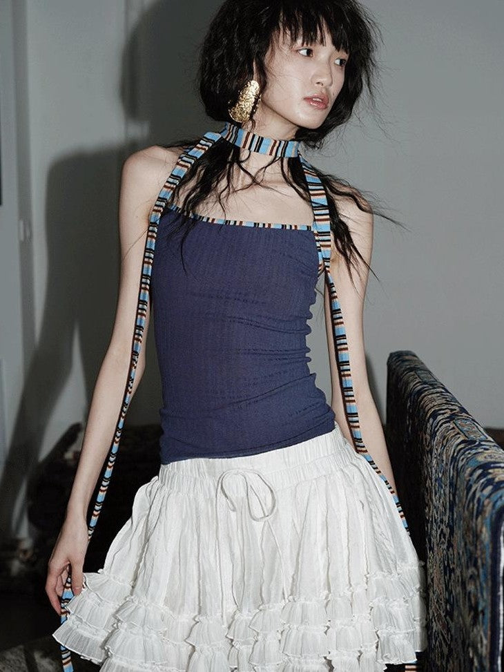 badtaste Multicolor Textured Knit Slim Fit Neck Cord Two Piece Women's Halter Tops