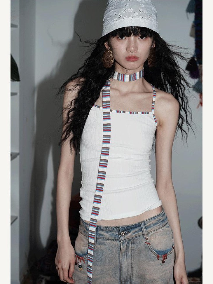 badtaste Multicolor Textured Knit Slim Fit Neck Cord Two Piece Women's Halter Tops