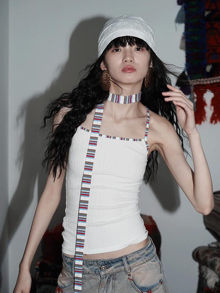 badtaste Multicolor Textured Knit Slim Fit Neck Cord Two Piece Women's Halter Tops