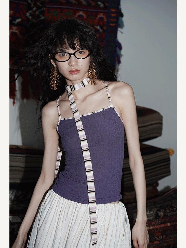 badtaste Multicolor Textured Knit Slim Fit Neck Cord Two Piece Women's Halter Tops