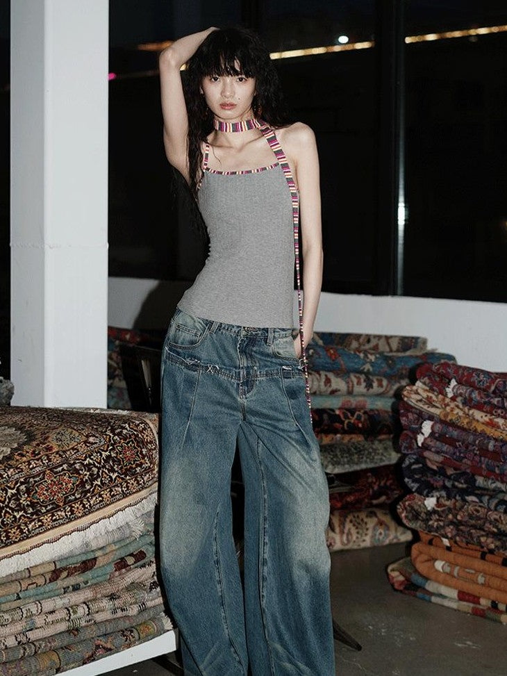 badtaste Multicolor Textured Knit Slim Fit Neck Cord Two Piece Women's Halter Tops