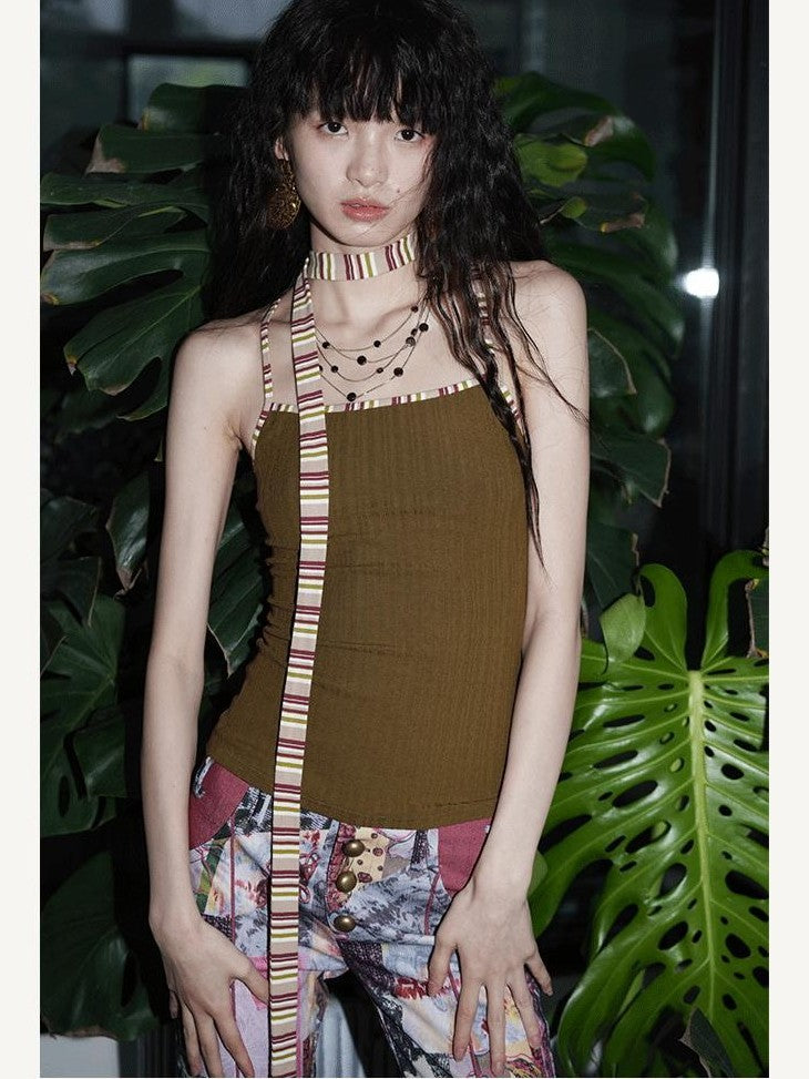 badtaste Multicolor Textured Knit Slim Fit Neck Cord Two Piece Women's Halter Tops