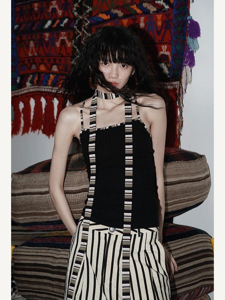 badtaste Multicolor Textured Knit Slim Fit Neck Cord Two Piece Women's Halter Tops