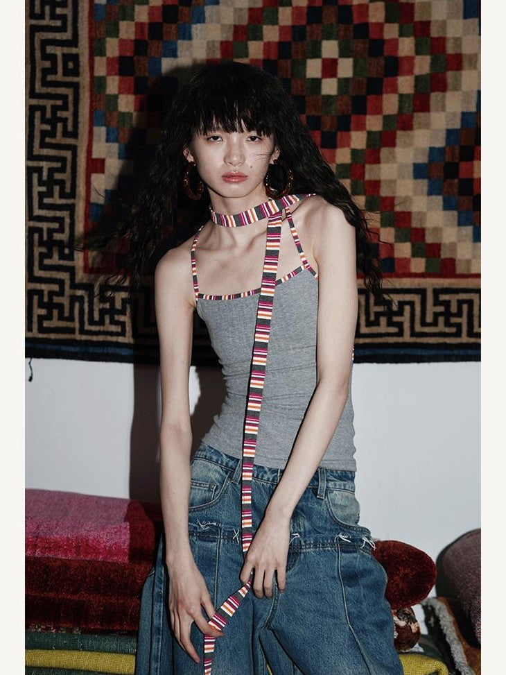 badtaste Multicolor Textured Knit Slim Fit Neck Cord Two Piece Women's Halter Tops
