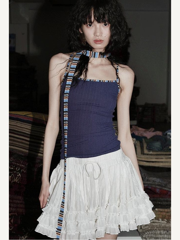 badtaste Multicolor Textured Knit Slim Fit Neck Cord Two Piece Women's Halter Tops