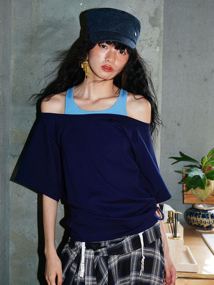 Navy Solid Asymmetrical Multiway Structured Women's Off-shoulder T-shirts