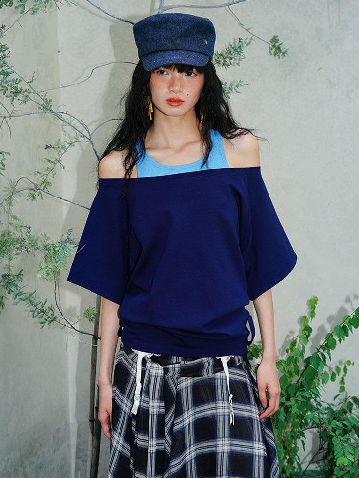 Navy Solid Asymmetrical Multiway Structured Women's Off-shoulder T-shirts