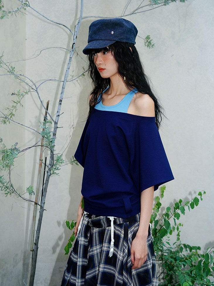 Navy Solid Asymmetrical Multiway Structured Women's Off-shoulder T-shirts