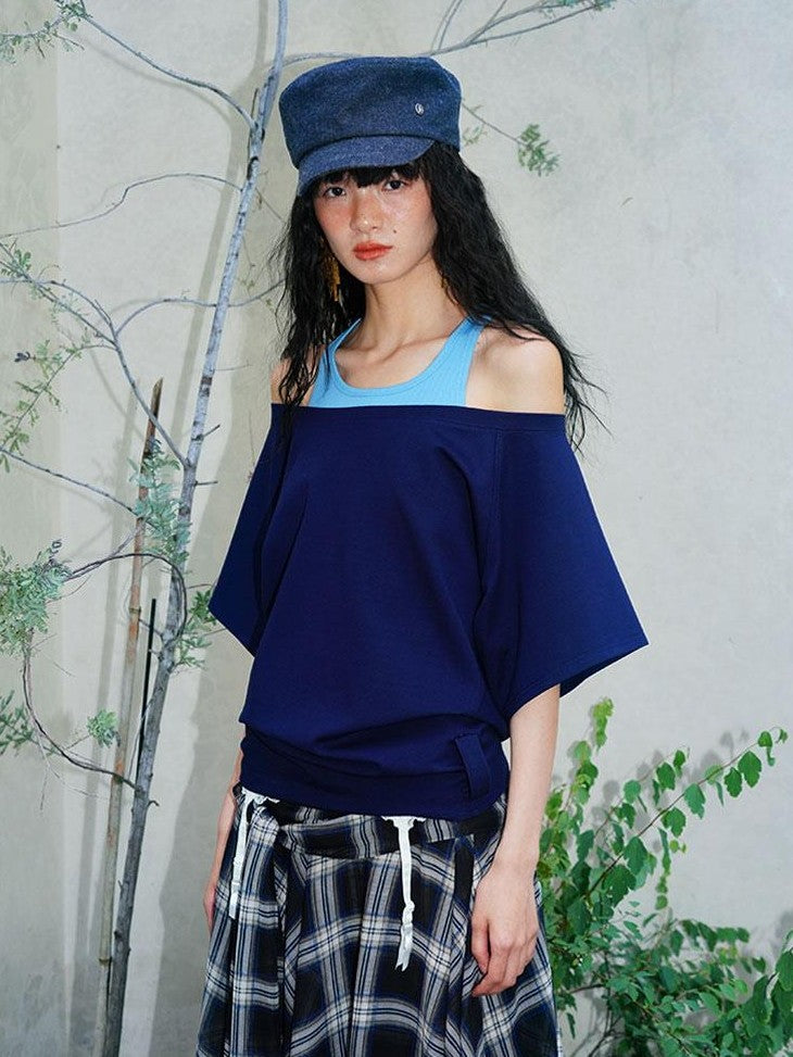 Navy Solid Asymmetrical Multiway Structured Women's Off-shoulder T-shirts
