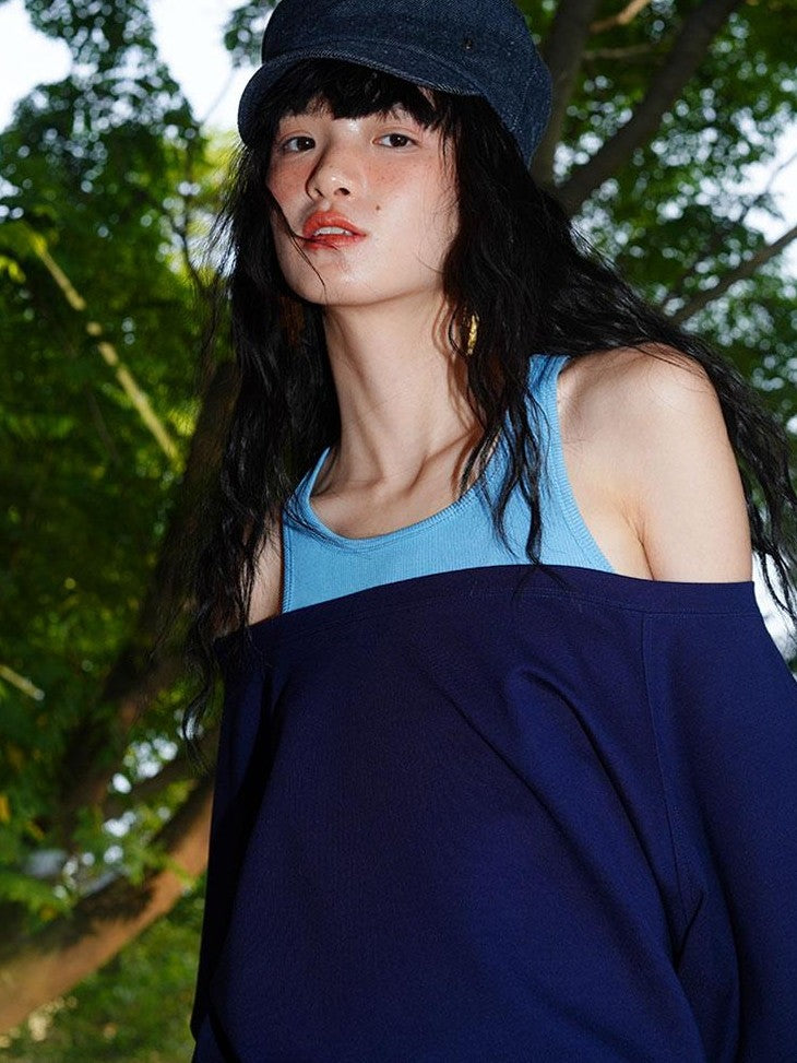 Navy Solid Asymmetrical Multiway Structured Women's Off-shoulder T-shirts