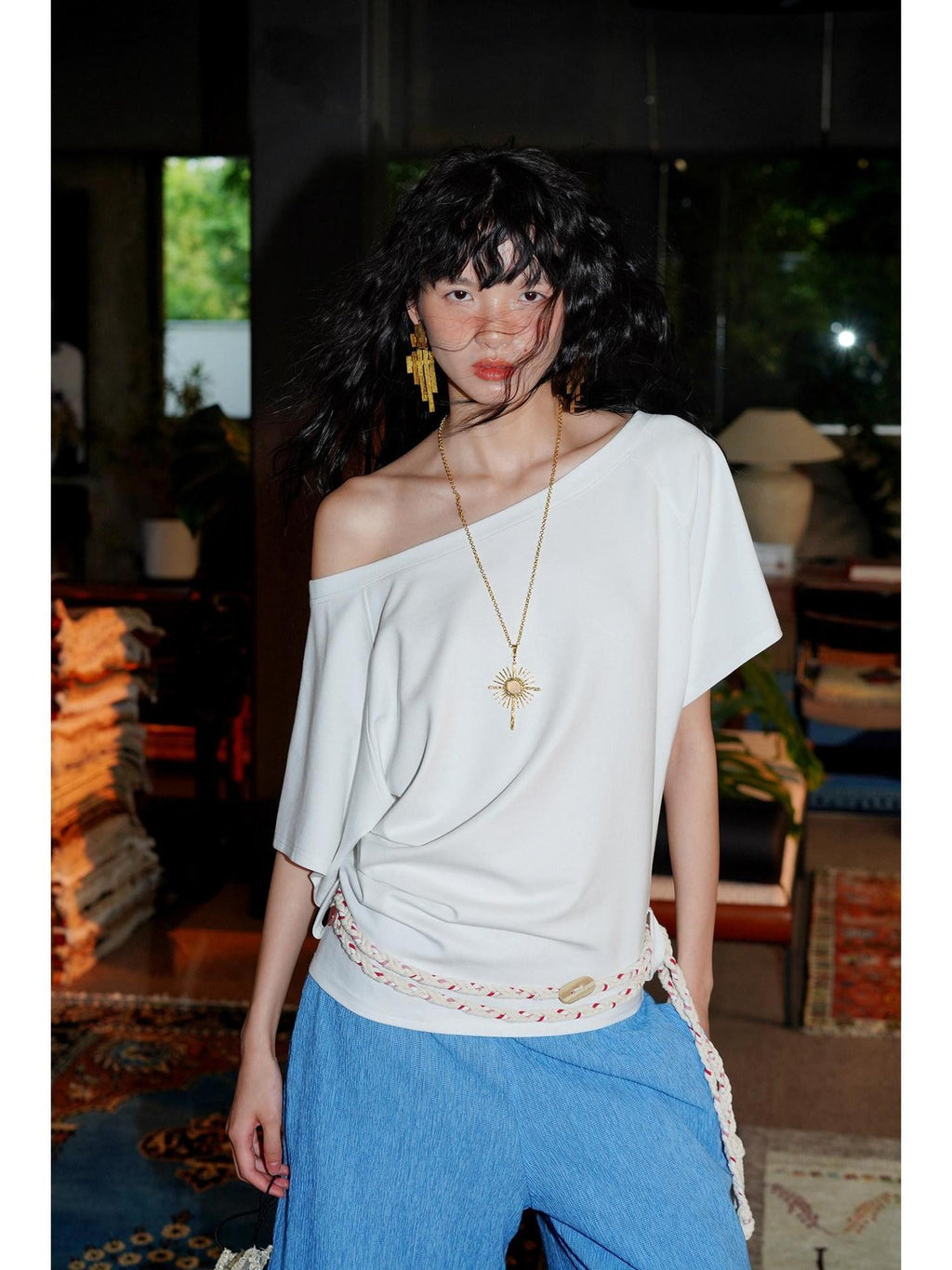 Navy Solid Asymmetrical Multiway Structured Women's Off-shoulder T-shirts