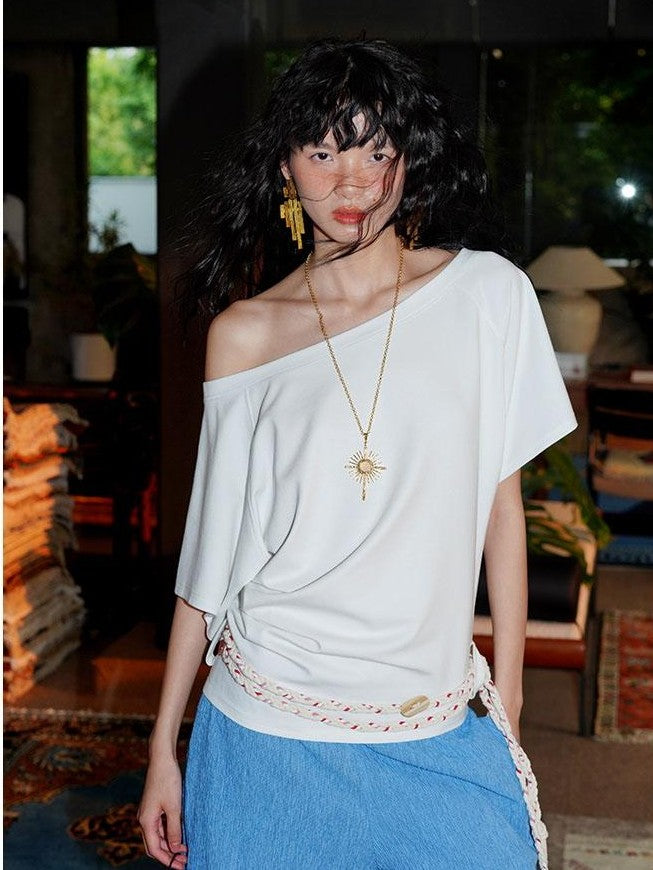 Navy Solid Asymmetrical Multiway Structured Women's Off-shoulder T-shirts