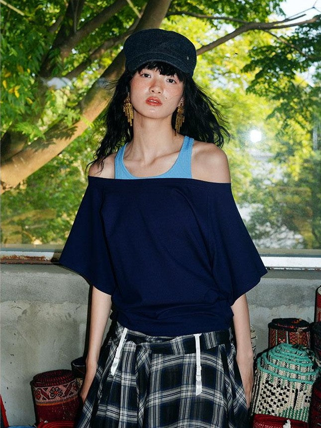 Navy Solid Asymmetrical Multiway Structured Women's Off-shoulder T-shirts