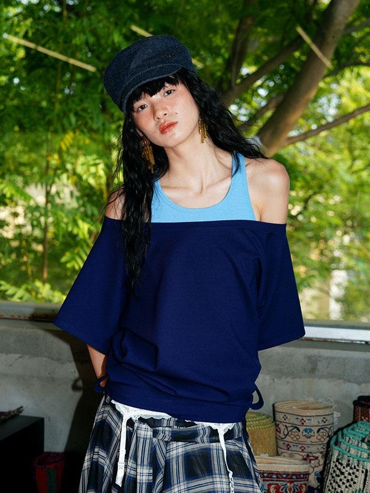 Navy Solid Asymmetrical Multiway Structured Women's Off-shoulder T-shirts