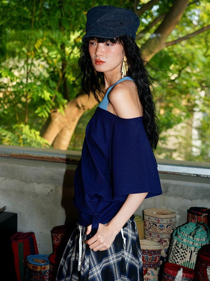Navy Solid Asymmetrical Multiway Structured Women's Off-shoulder T-shirts