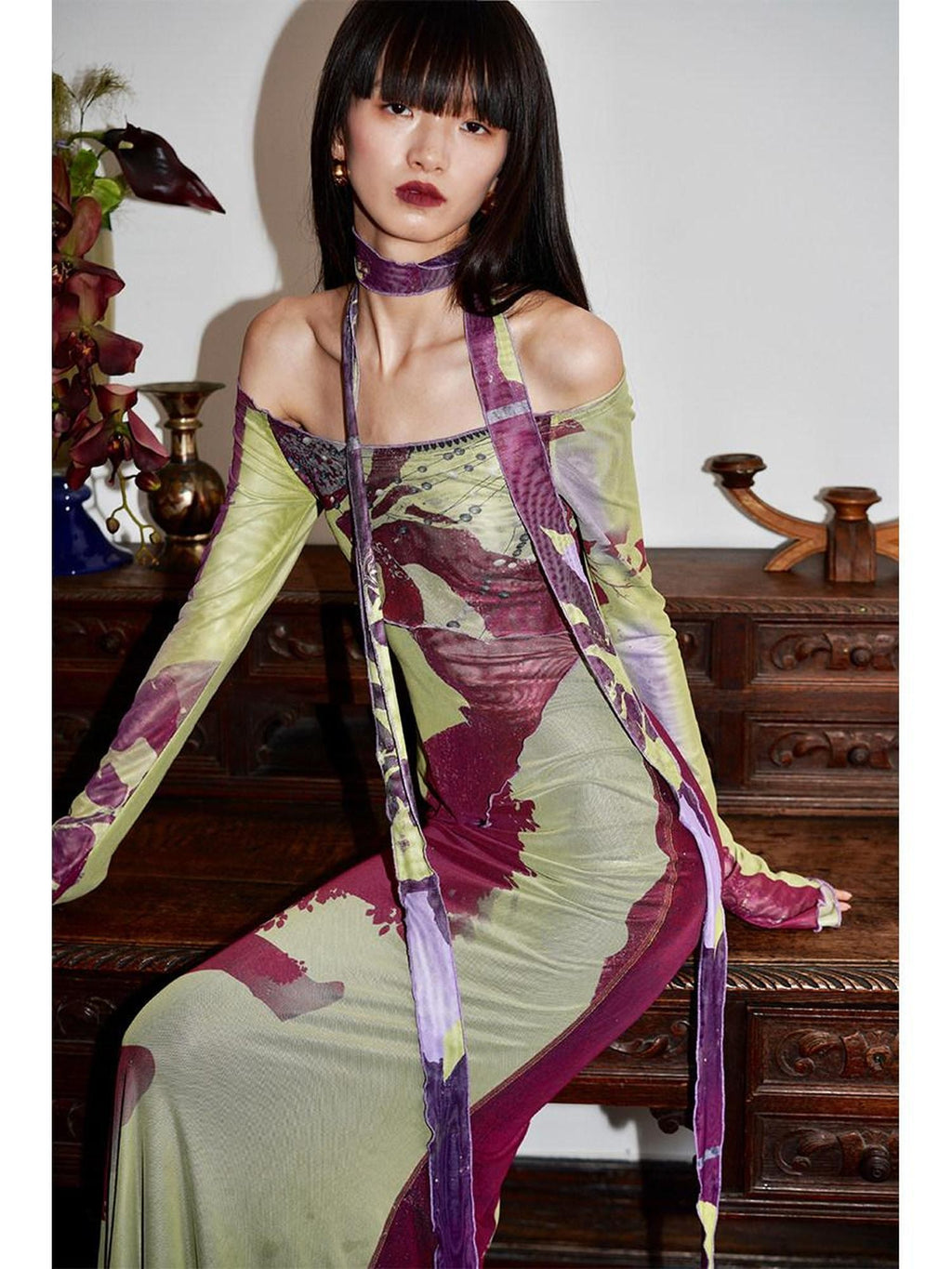 badtaste New Chinese Print Mesh Convertible Slim Women's Tulle Strapless Maxi Dresses