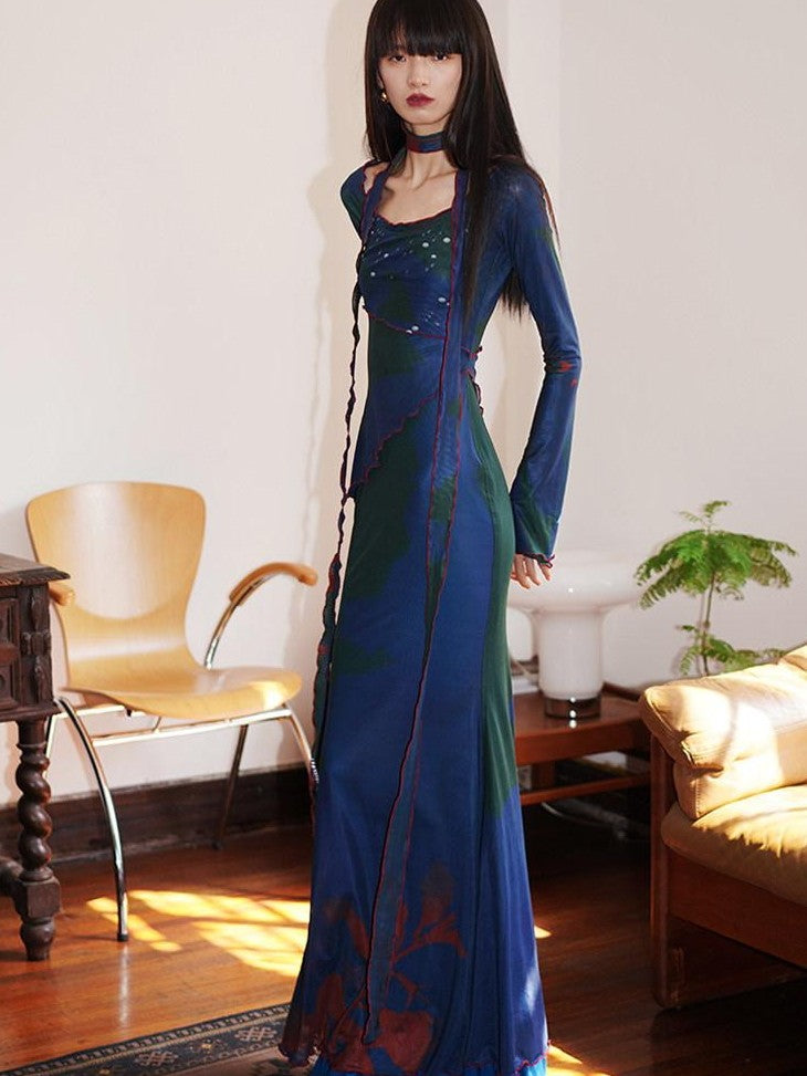 badtaste New Chinese Print Mesh Convertible Slim Women's Tulle Strapless Maxi Dresses
