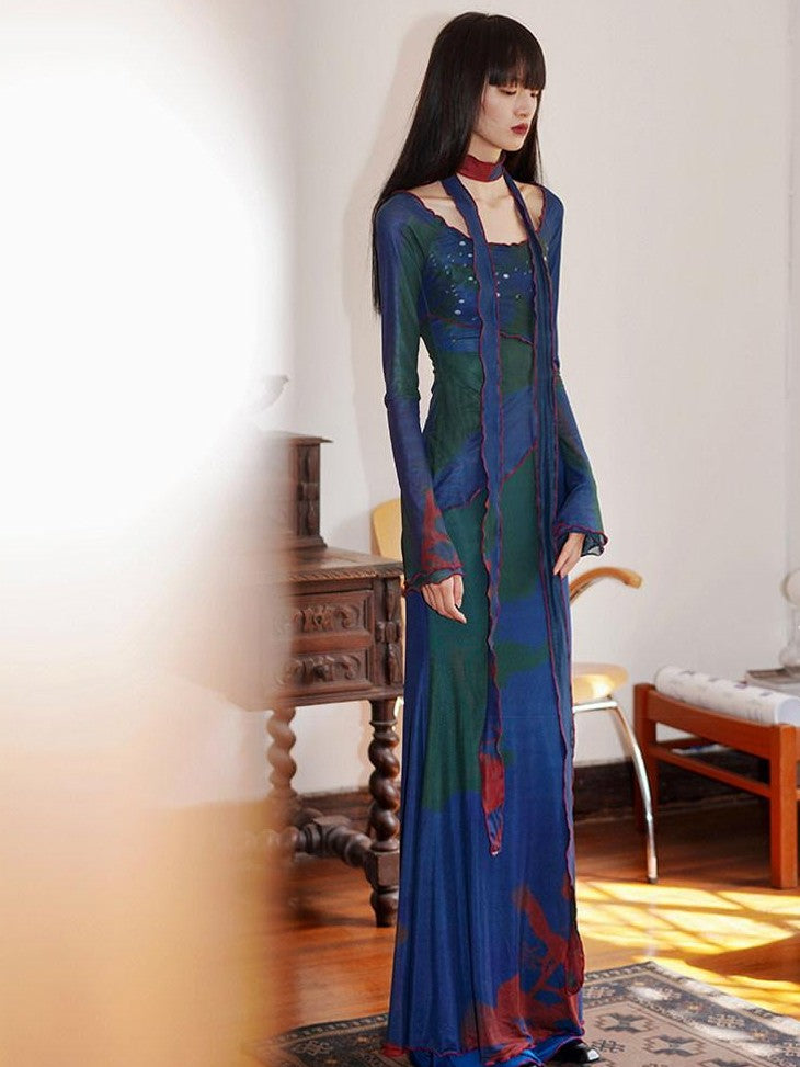 badtaste New Chinese Print Mesh Convertible Slim Women's Tulle Strapless Maxi Dresses