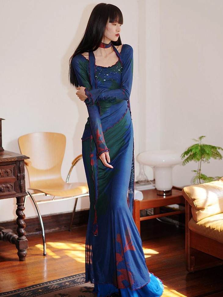 badtaste New Chinese Print Mesh Convertible Slim Women's Tulle Strapless Maxi Dresses
