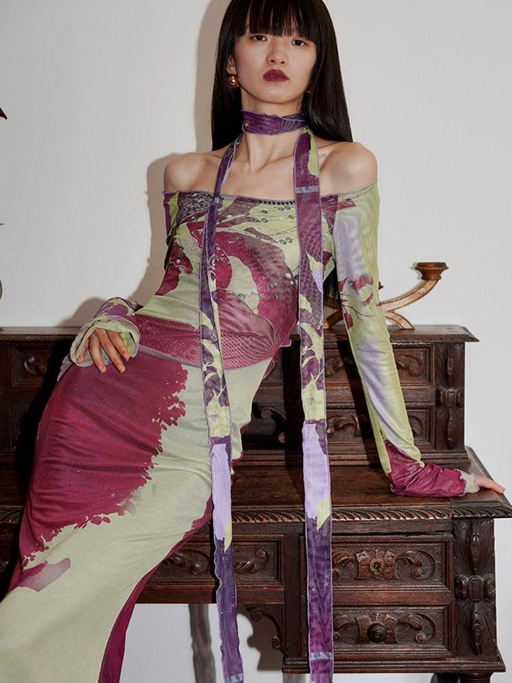 badtaste New Chinese Print Mesh Convertible Slim Women's Tulle Strapless Maxi Dresses