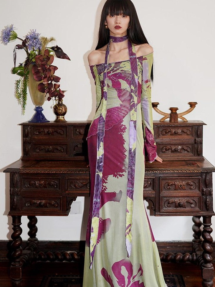 badtaste New Chinese Print Mesh Convertible Slim Women's Tulle Strapless Maxi Dresses