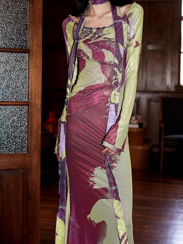 badtaste New Chinese Print Mesh Convertible Slim Women's Tulle Strapless Maxi Dresses