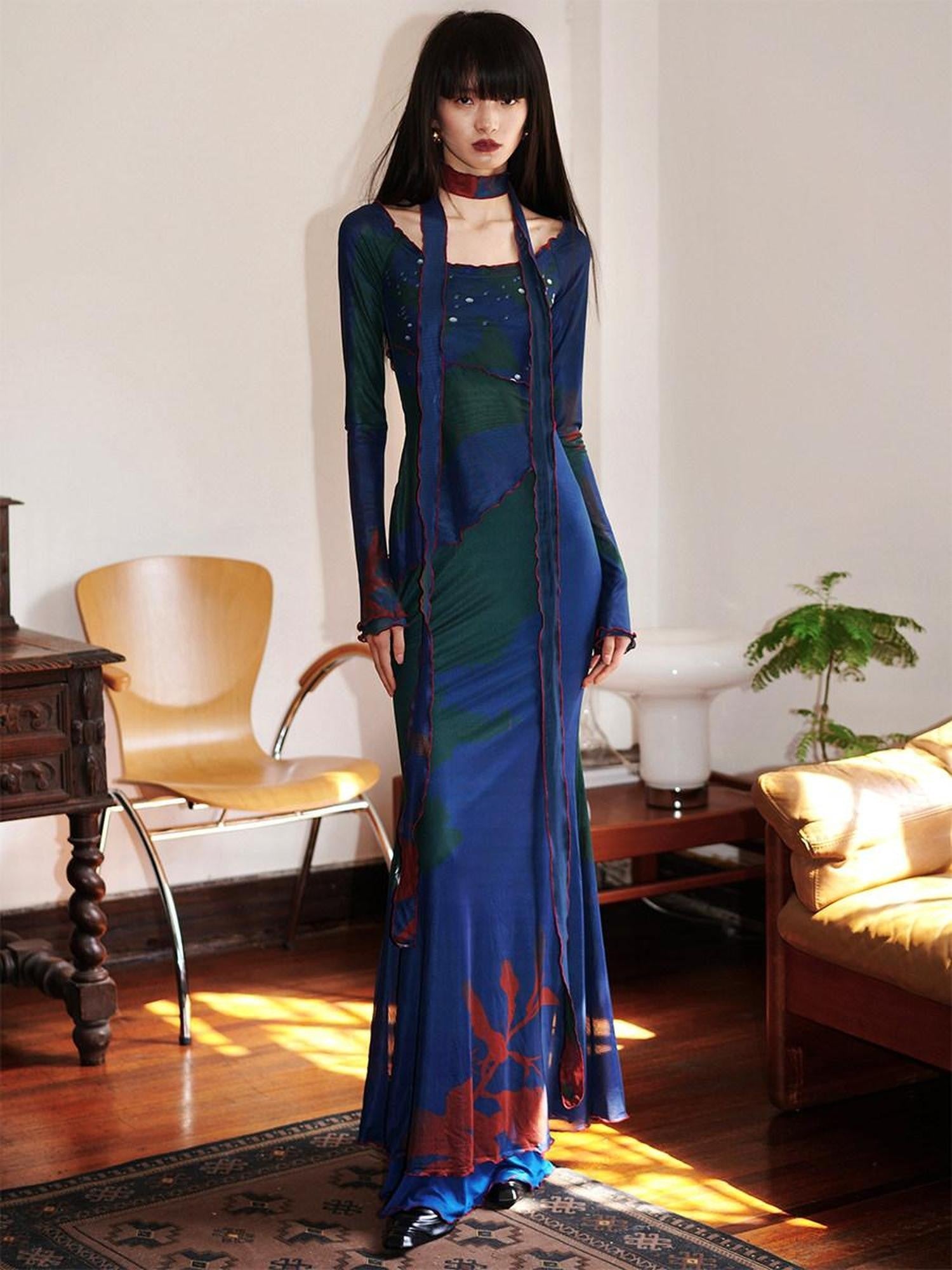 badtaste New Chinese Print Mesh Convertible Slim Women's Tulle Strapless Maxi Dresses