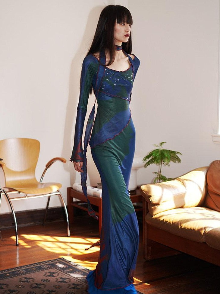 badtaste New Chinese Print Mesh Convertible Slim Women's Tulle Strapless Maxi Dresses