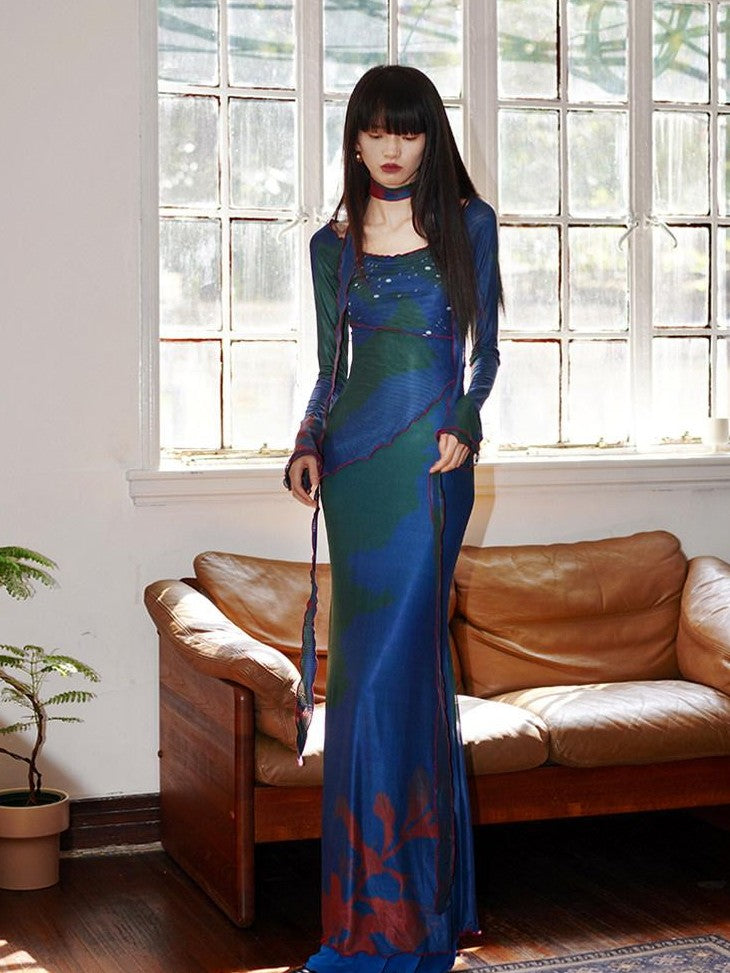 badtaste New Chinese Print Mesh Convertible Slim Women's Tulle Strapless Maxi Dresses