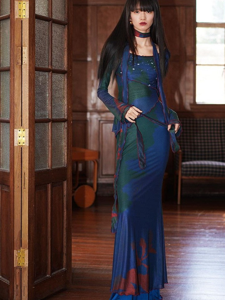 badtaste New Chinese Print Mesh Convertible Slim Women's Tulle Strapless Maxi Dresses