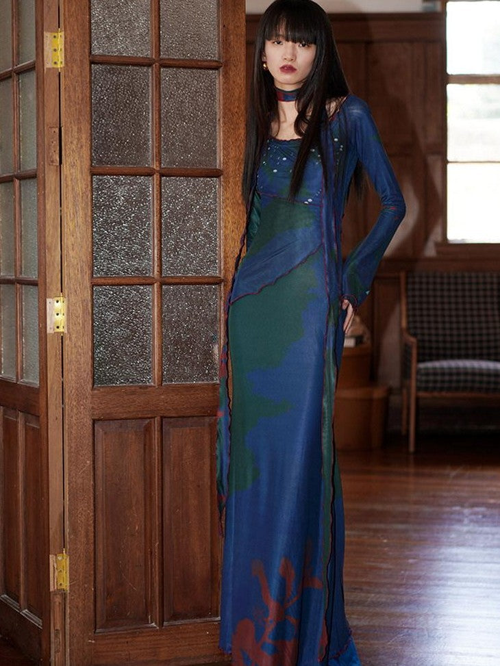 badtaste New Chinese Print Mesh Convertible Slim Women's Tulle Strapless Maxi Dresses