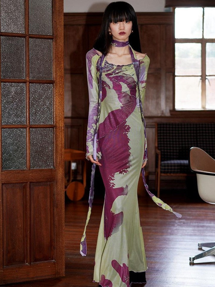 badtaste New Chinese Print Mesh Convertible Slim Women's Tulle Strapless Maxi Dresses