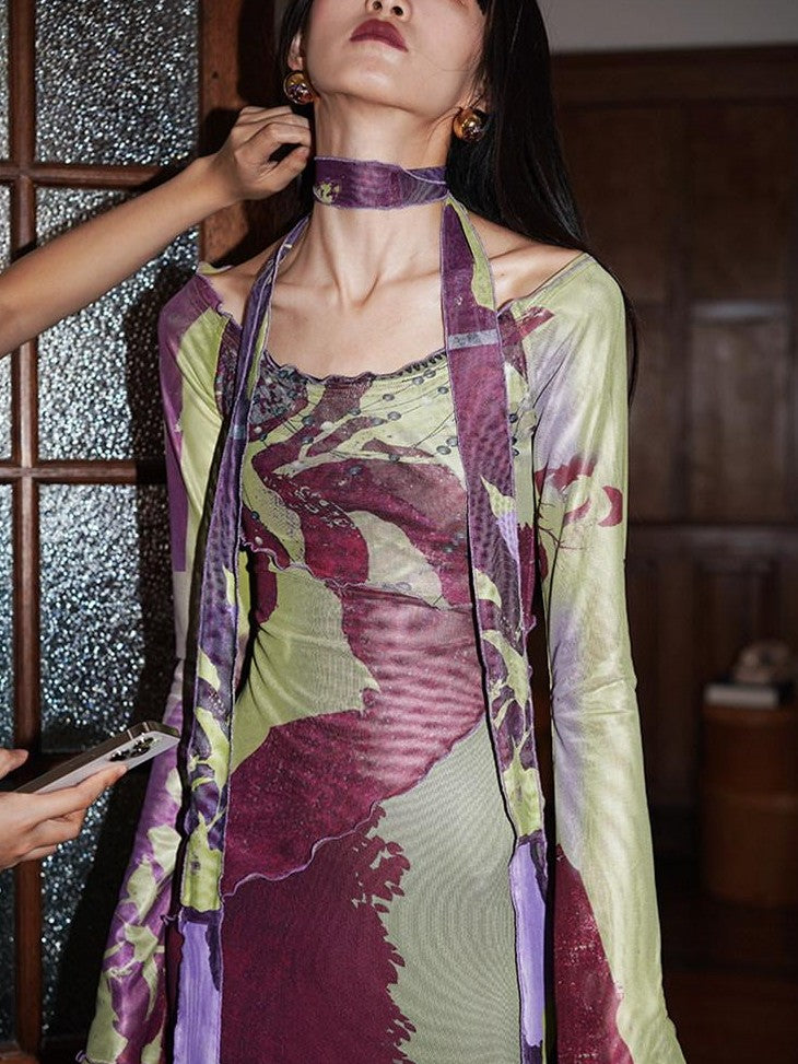 badtaste New Chinese Print Mesh Convertible Slim Women's Tulle Strapless Maxi Dresses