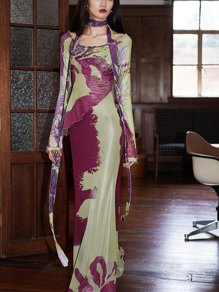 badtaste New Chinese Print Mesh Convertible Slim Women's Tulle Strapless Maxi Dresses