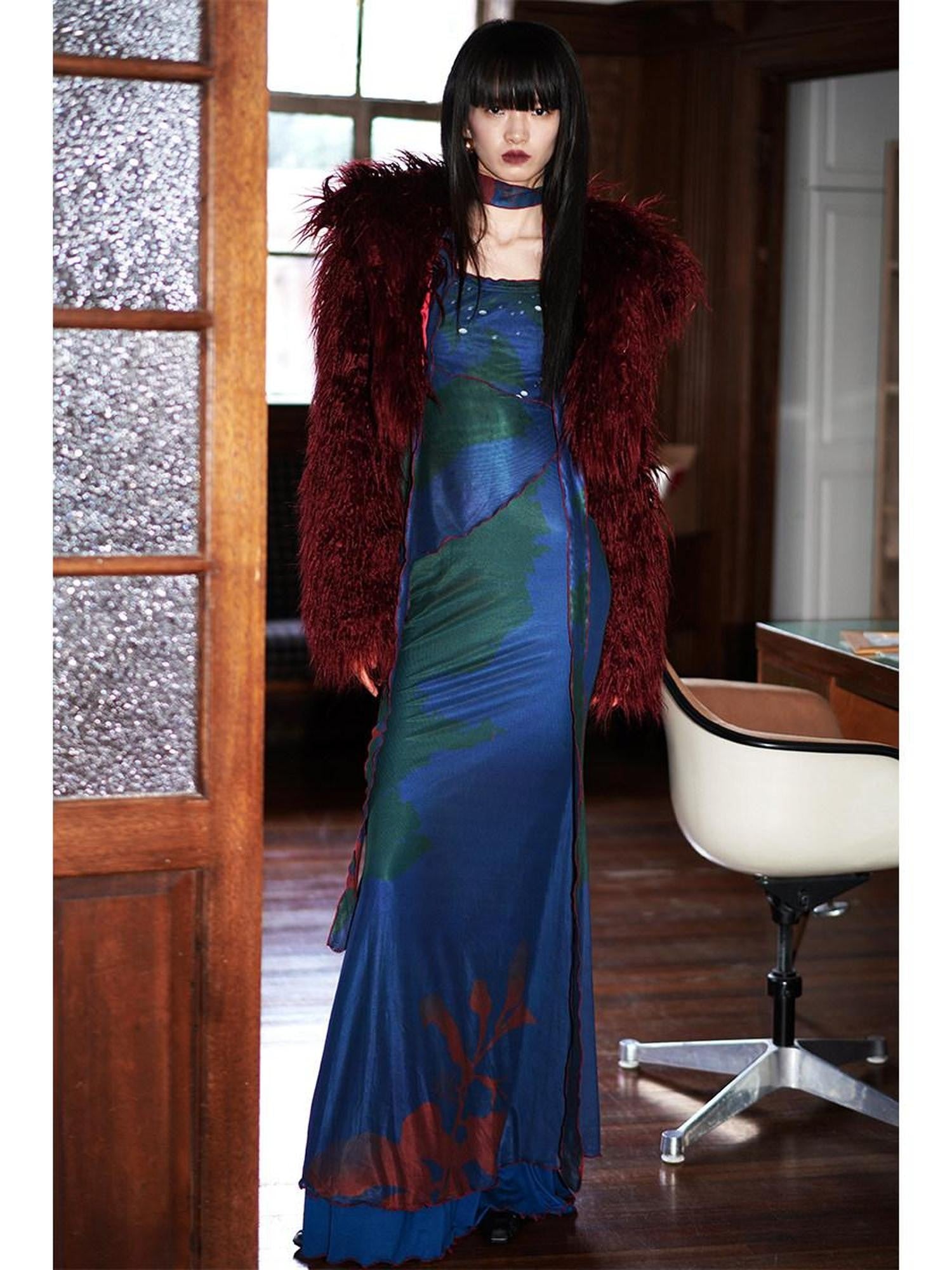 badtaste New Chinese Print Mesh Convertible Slim Women's Tulle Strapless Maxi Dresses