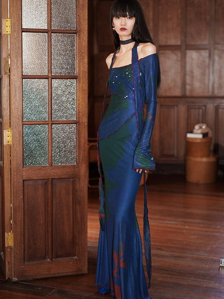 badtaste New Chinese Print Mesh Convertible Slim Women's Tulle Strapless Maxi Dresses