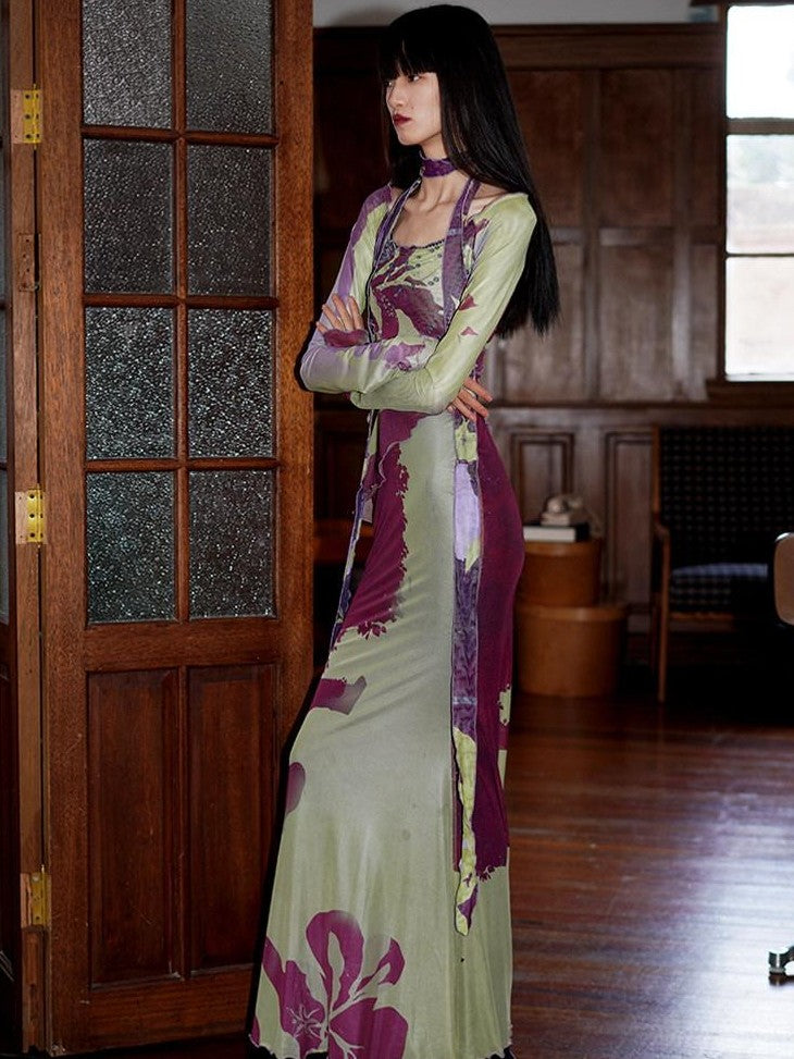 badtaste New Chinese Print Mesh Convertible Slim Women's Tulle Strapless Maxi Dresses