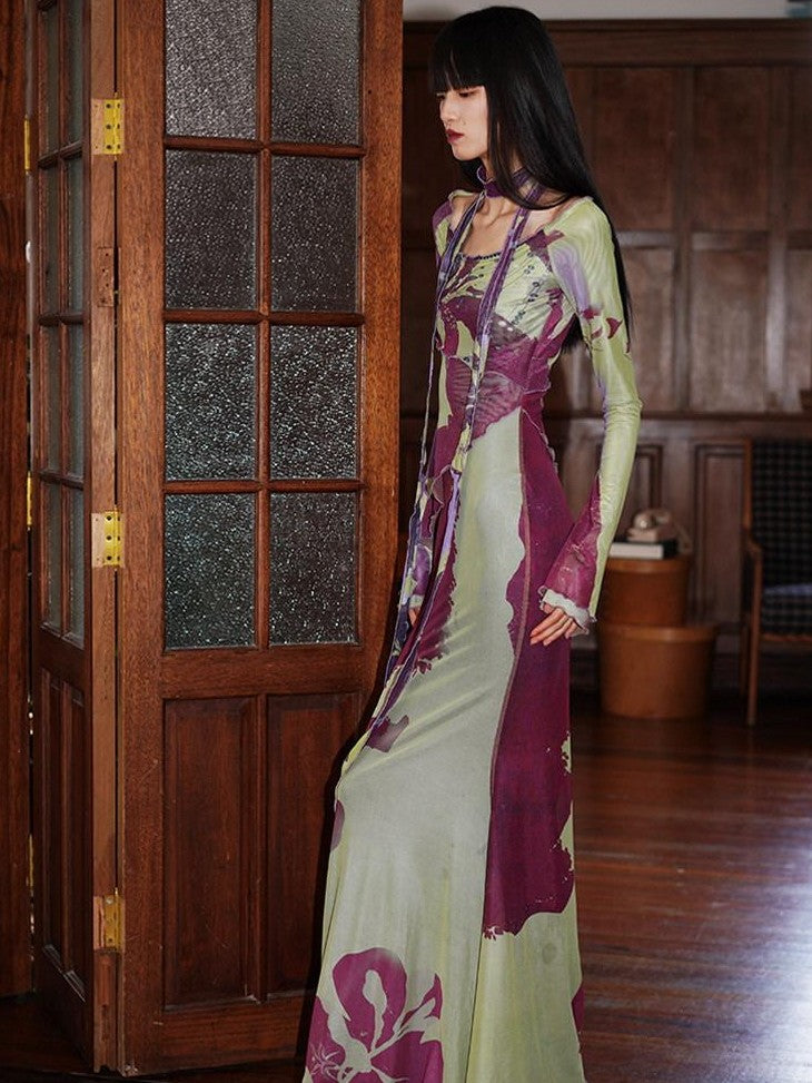 badtaste New Chinese Print Mesh Convertible Slim Women's Tulle Strapless Maxi Dresses