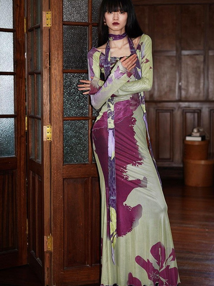 badtaste New Chinese Print Mesh Convertible Slim Women's Tulle Strapless Maxi Dresses